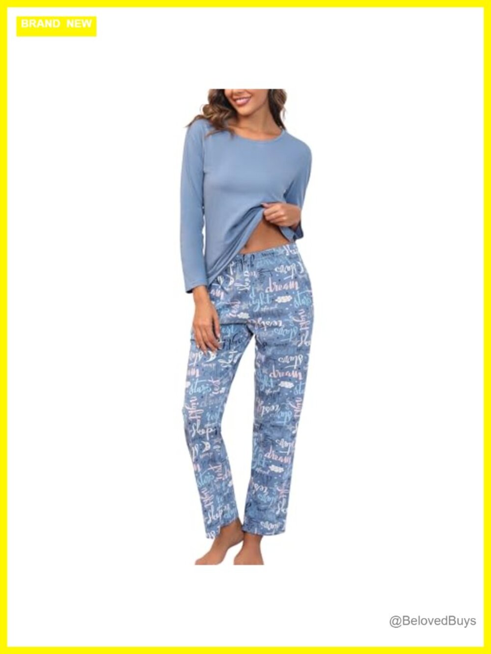 Womens Cotton Pajama Set Long Sleeve Top Full Length Pants Pjs